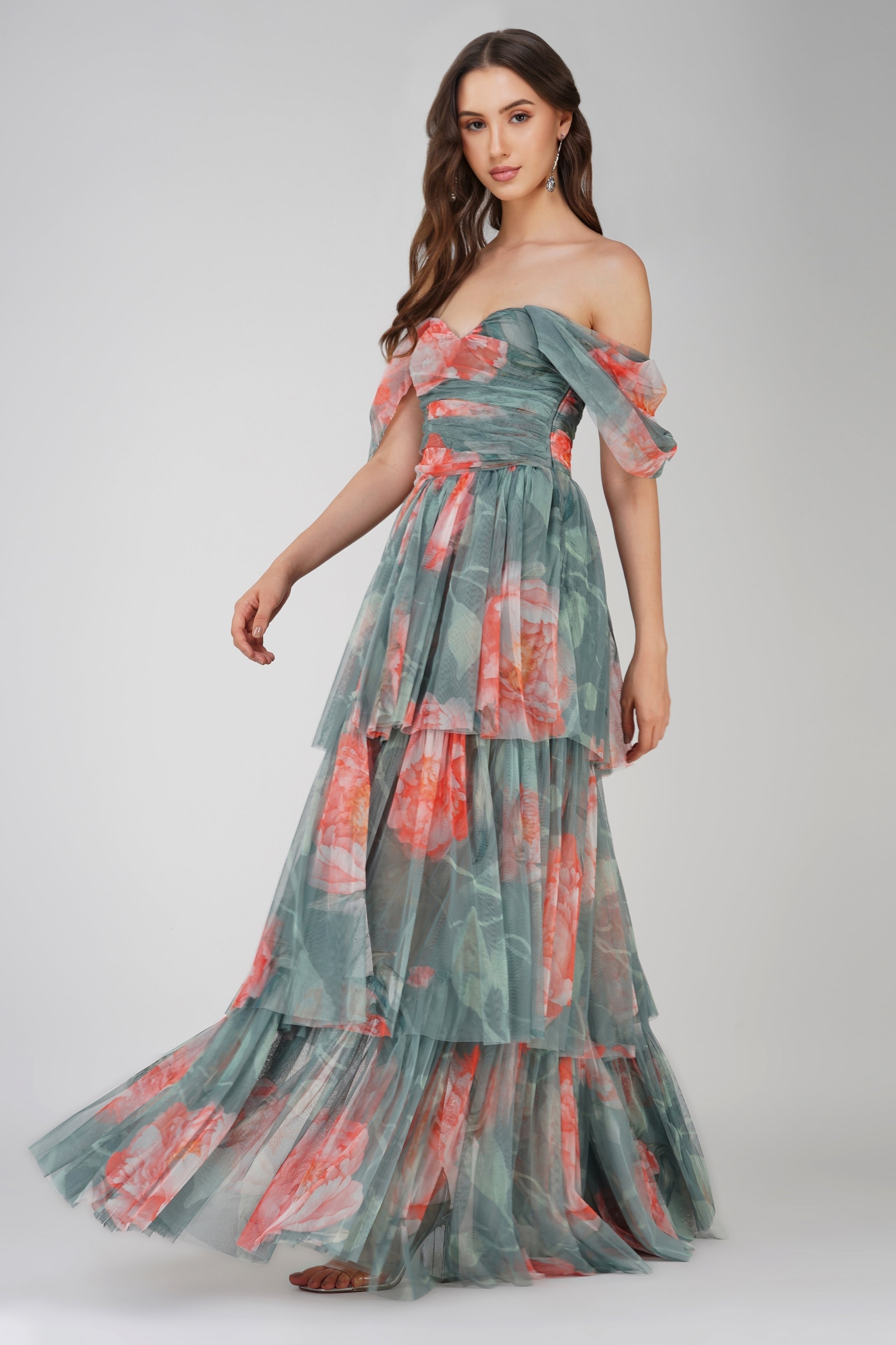 Sydney Tulle Maxi Dress in Sage Green Floral