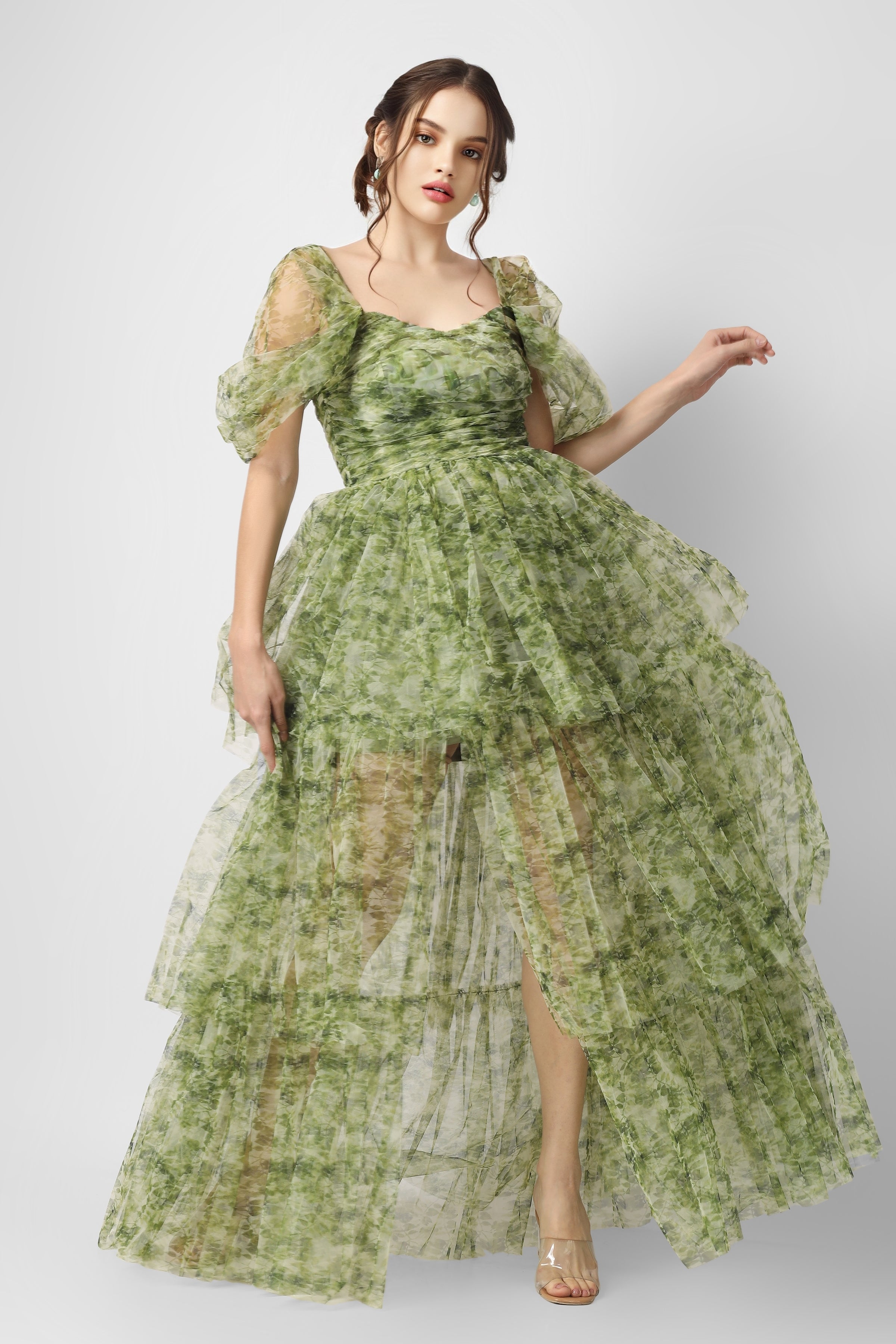 Sydney Tulle Maxi Dress in Green Print