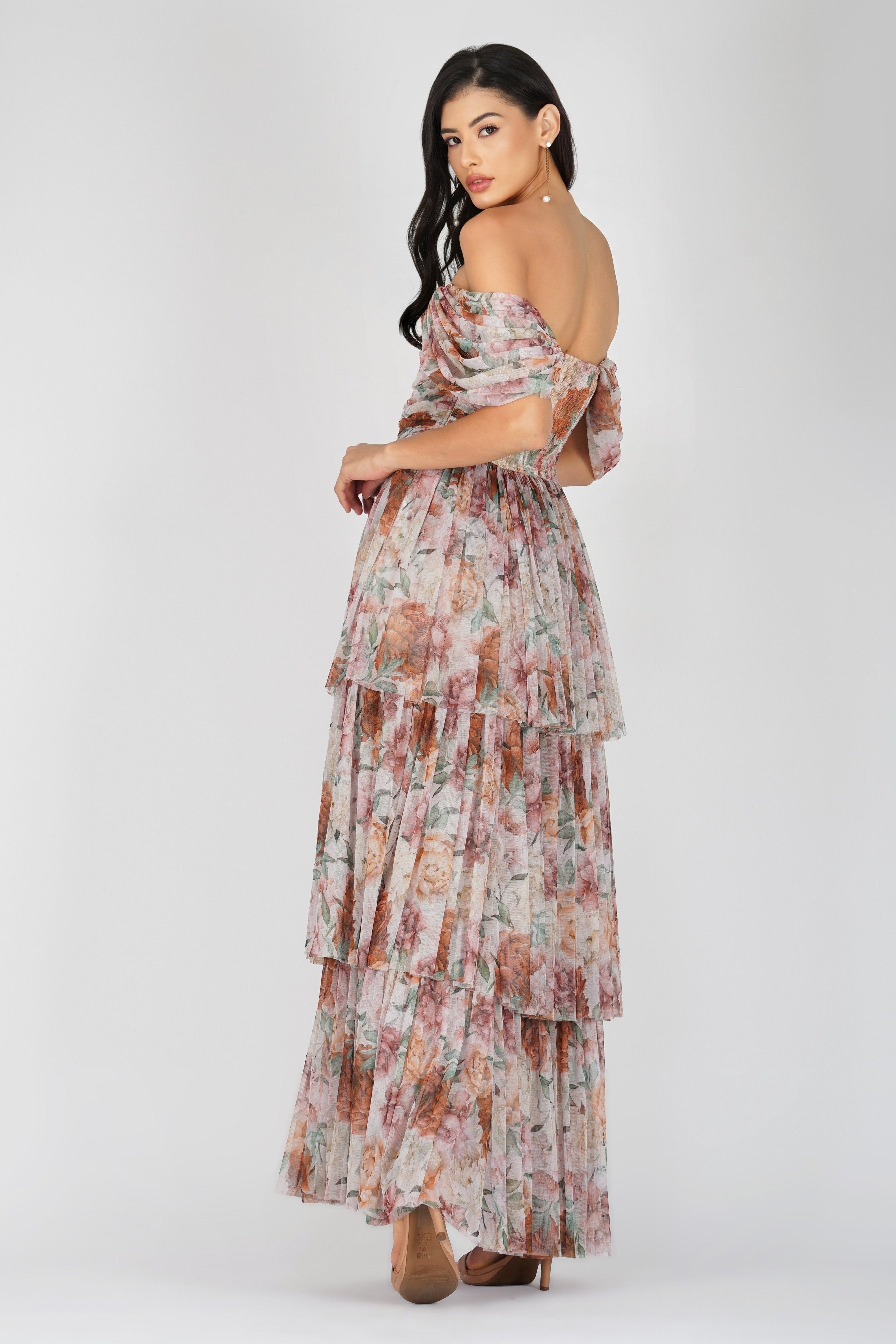 Sydney Off Shoulder Tulle Maxi Dress in Brown Floral