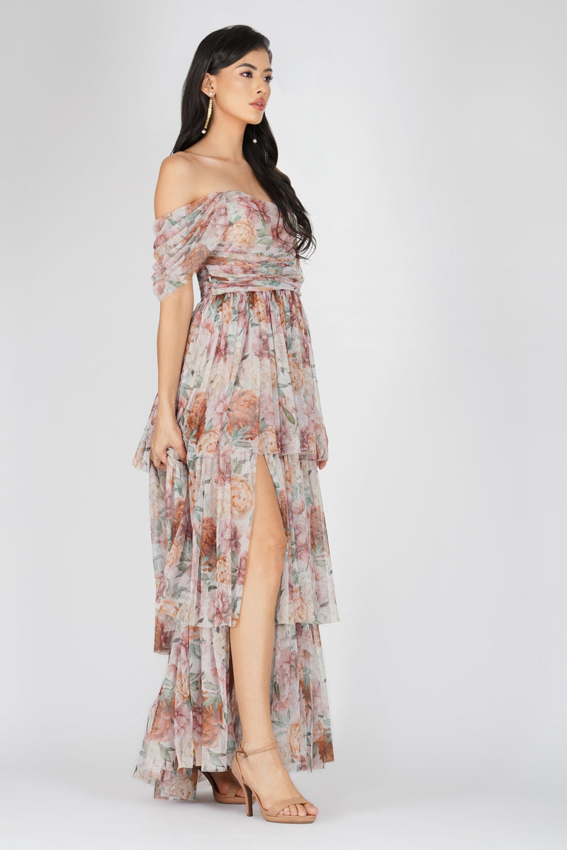 Sydney Off Shoulder Tulle Maxi Dress in Brown Floral