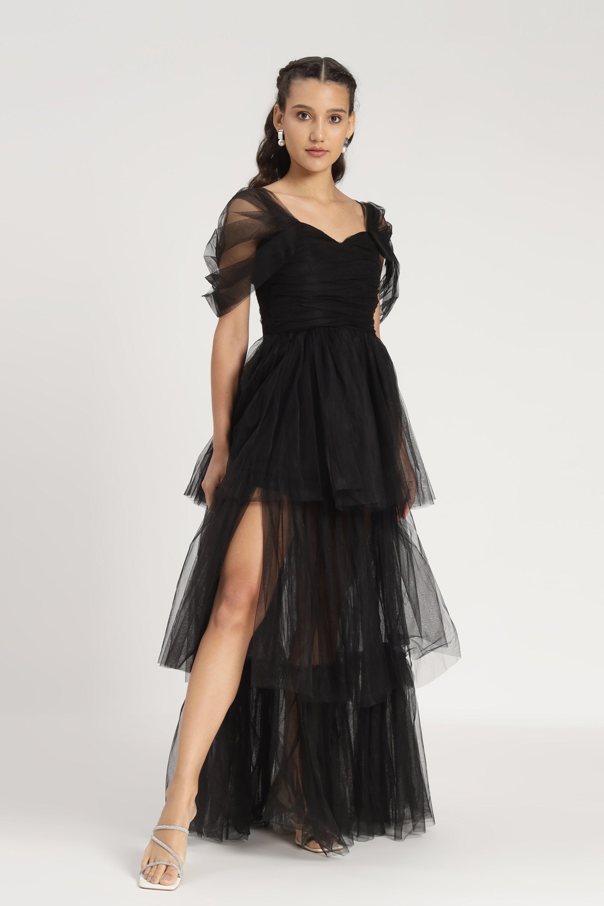 Sydney Off Shoulder Tulle Maxi Dress in Black