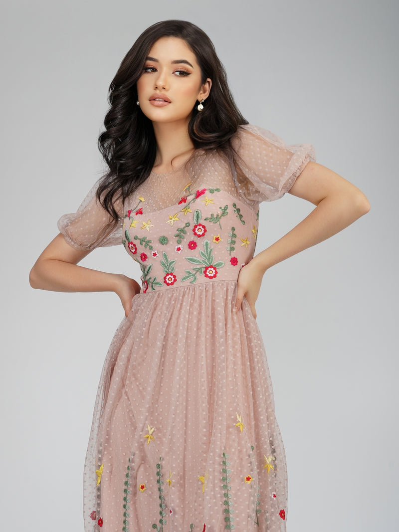 Azalea Dusty Pink Embroidered Dress – Lace & Beads