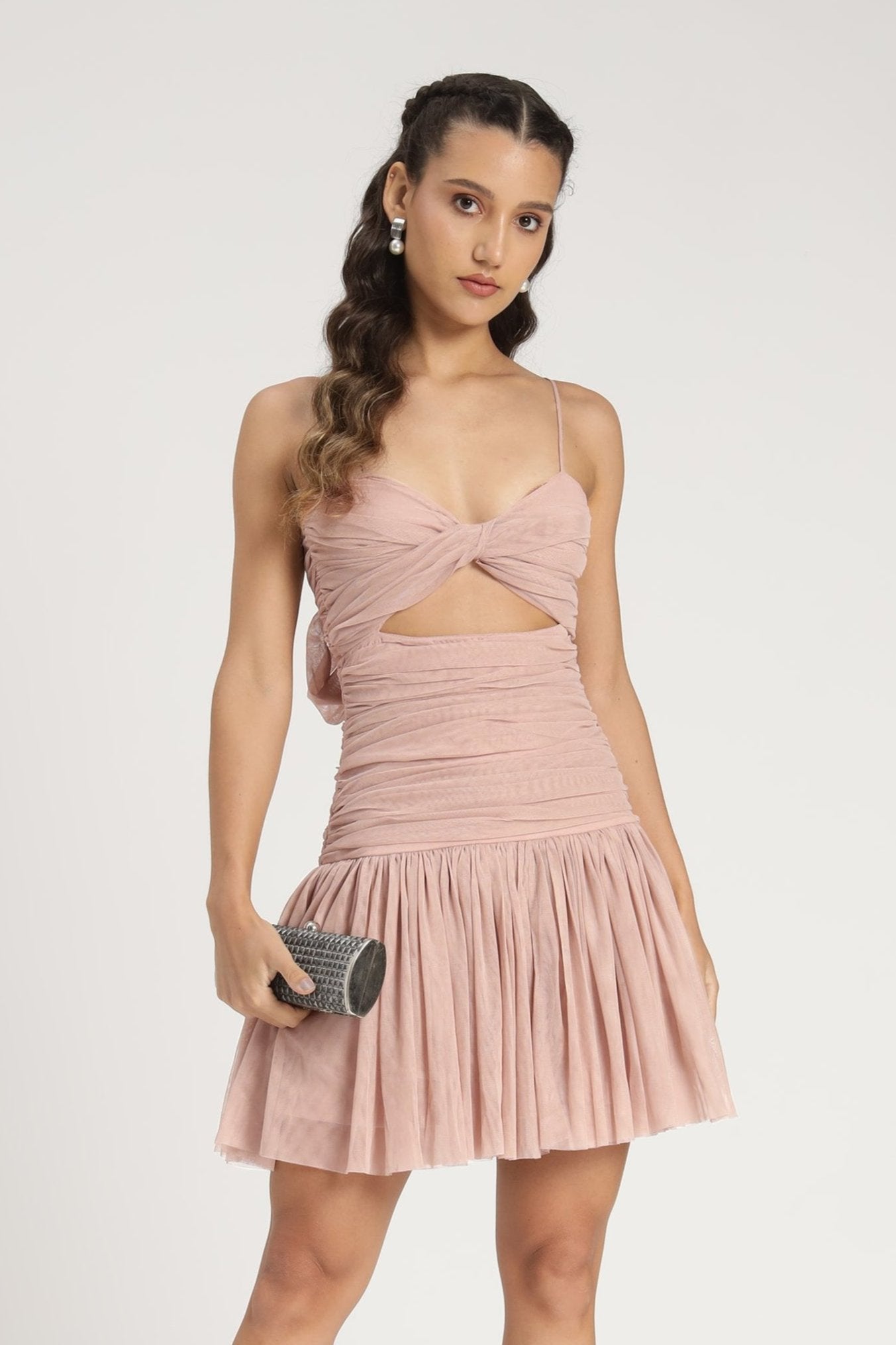 Drop-waist blush beige pink tulle mini dress bow spaghetti-straps