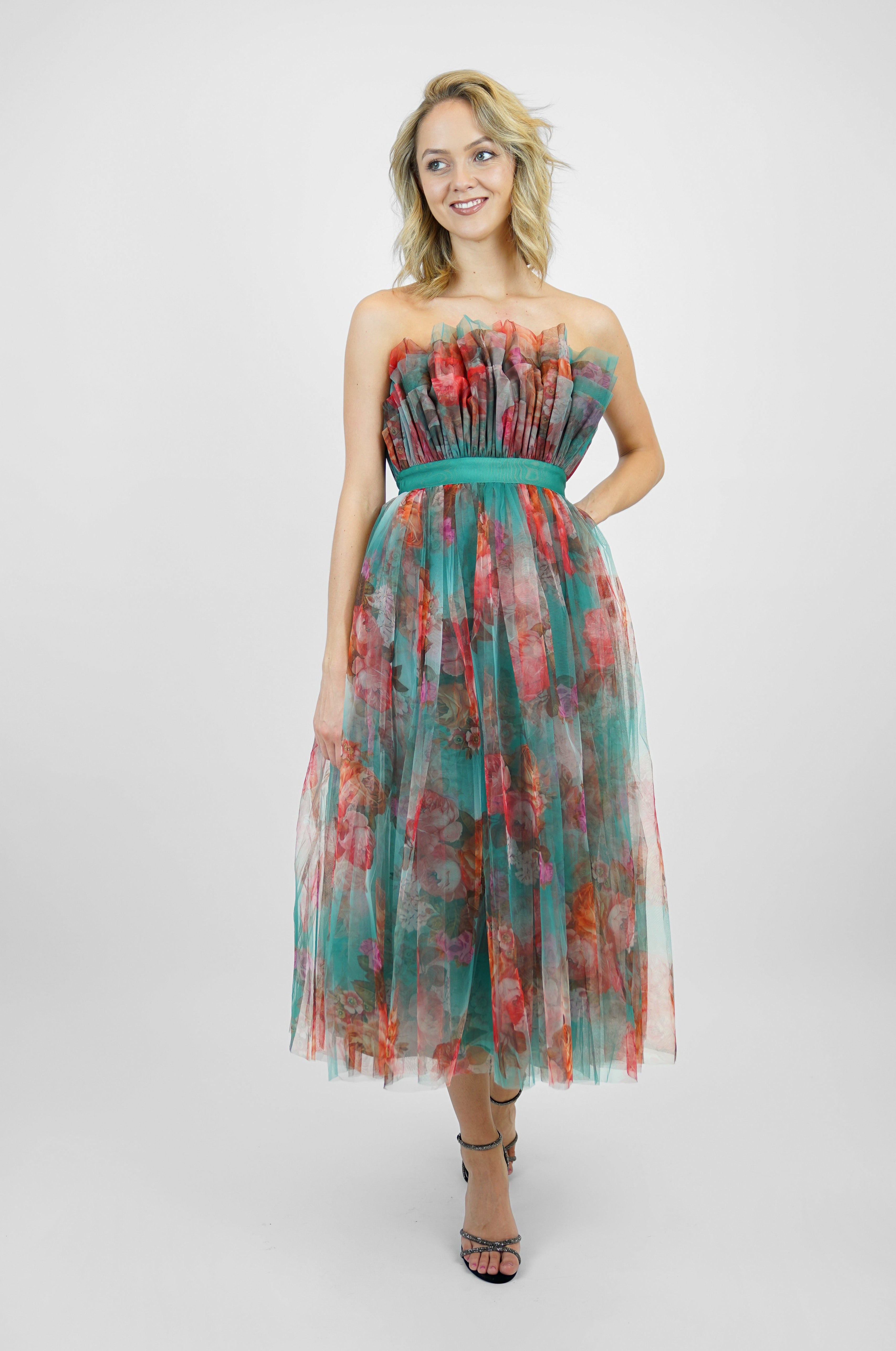 Floral tulle midi dress uk sale