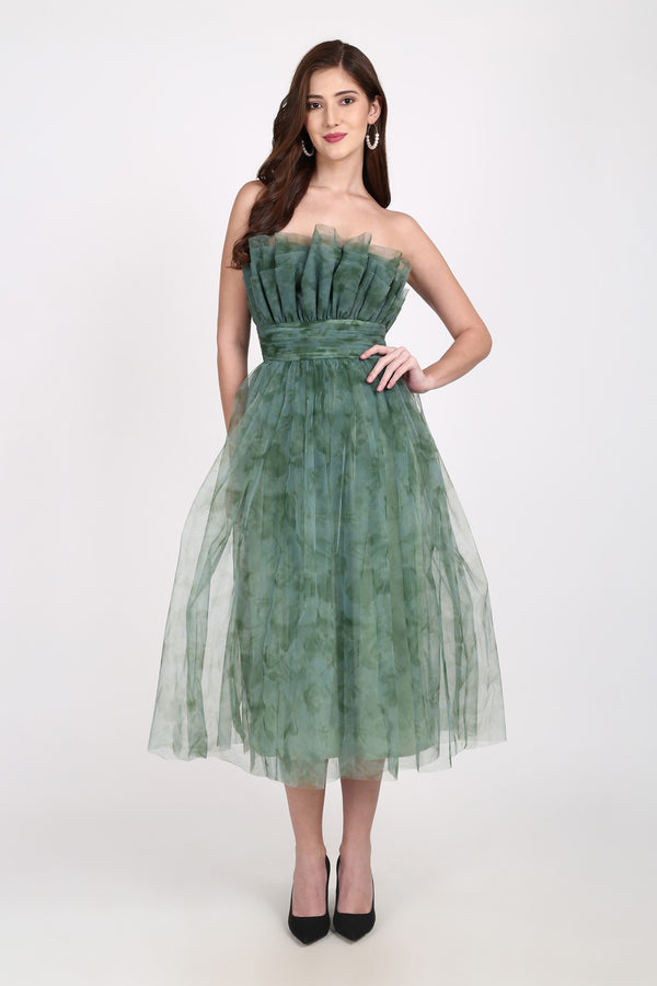 Veriry Tulle Midi Dress in Green Floral Print