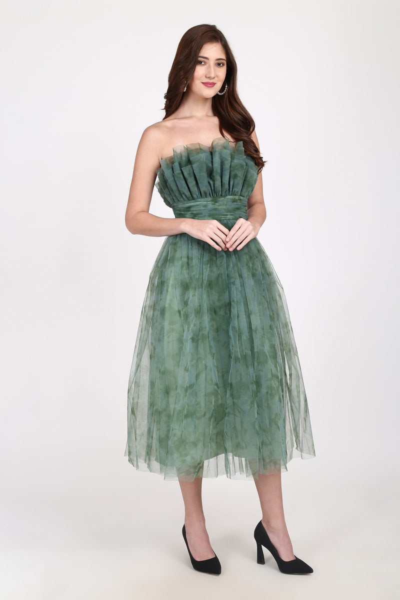 Veriry Tulle Midi Dress in Green Floral Print