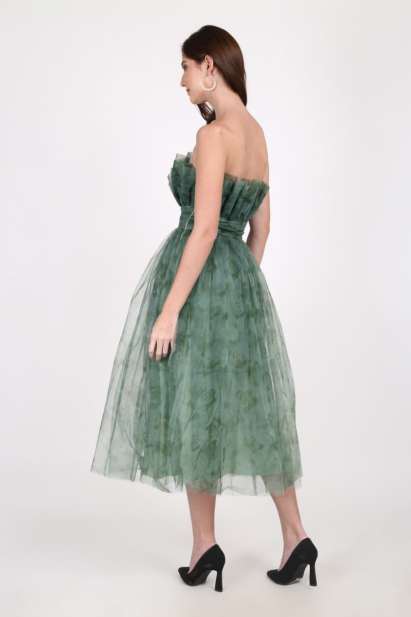 Veriry Tulle Midi Dress in Green Floral Print