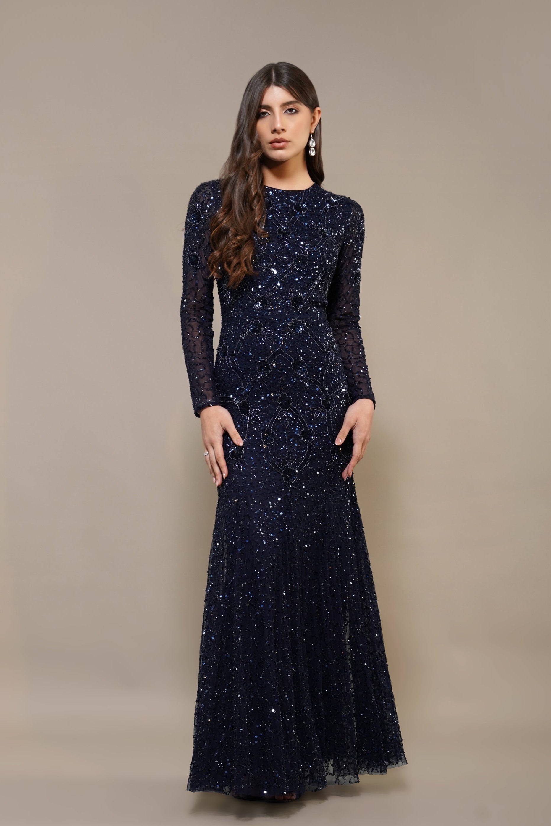 Navy Blue Maxi Embellished Dress Modest Long-Sleeve