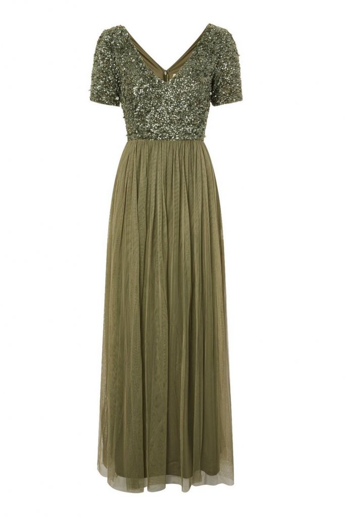 Chandelier Embellished Maxi Dress in Dark Olive