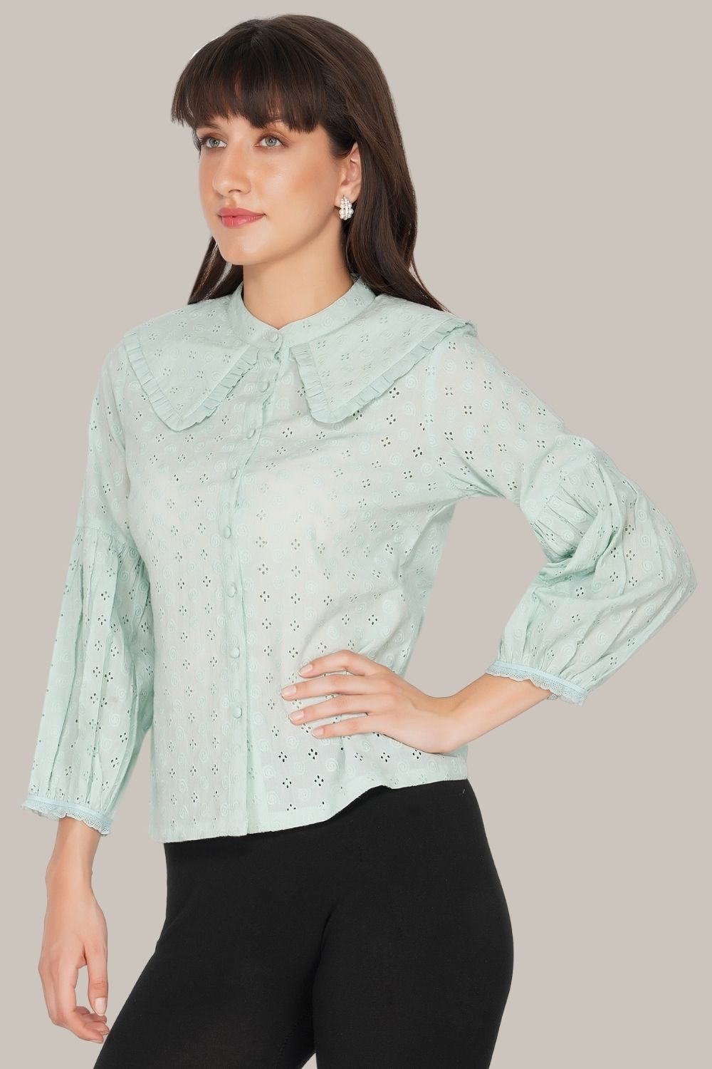 Jerri Cotton Broderie Shirt in Pastel Green