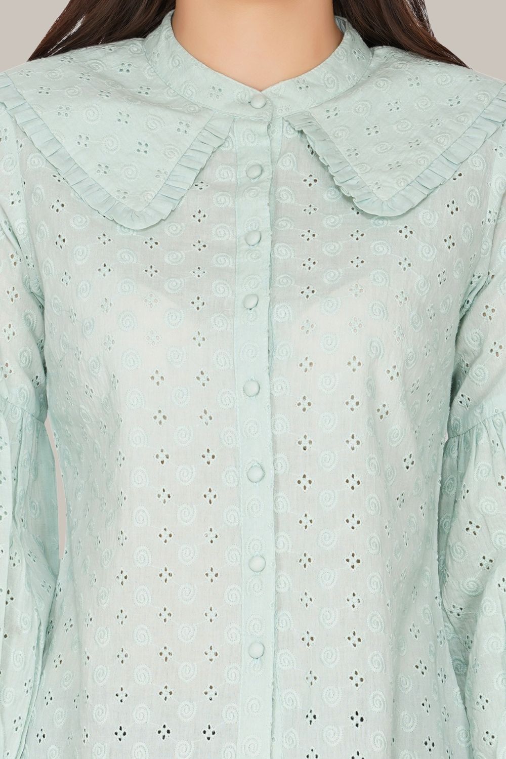 Jerri Cotton Broderie Shirt in Pastel Green