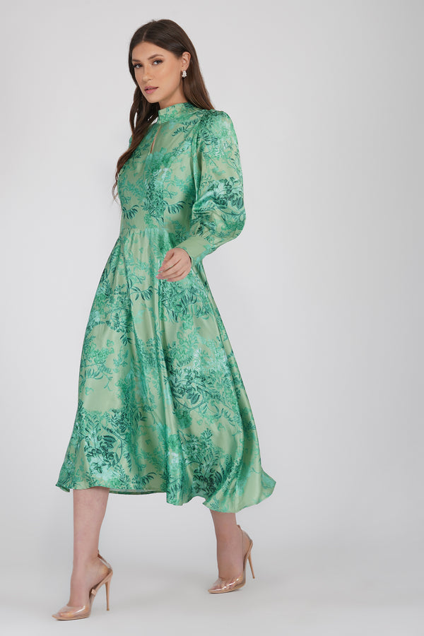 Taylor Long Sleeve Satin Midi Dress in Green