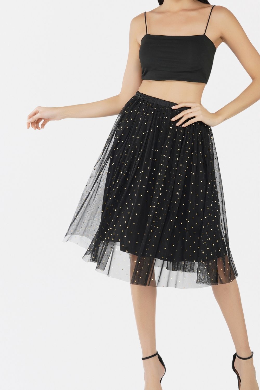 gold-foil-printed-tulle-midi-skirt-in-black