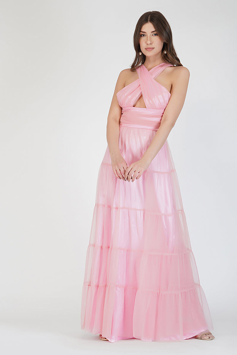 Dreamy Pink Crisscross Front Maxi Dress – Lace & Beads