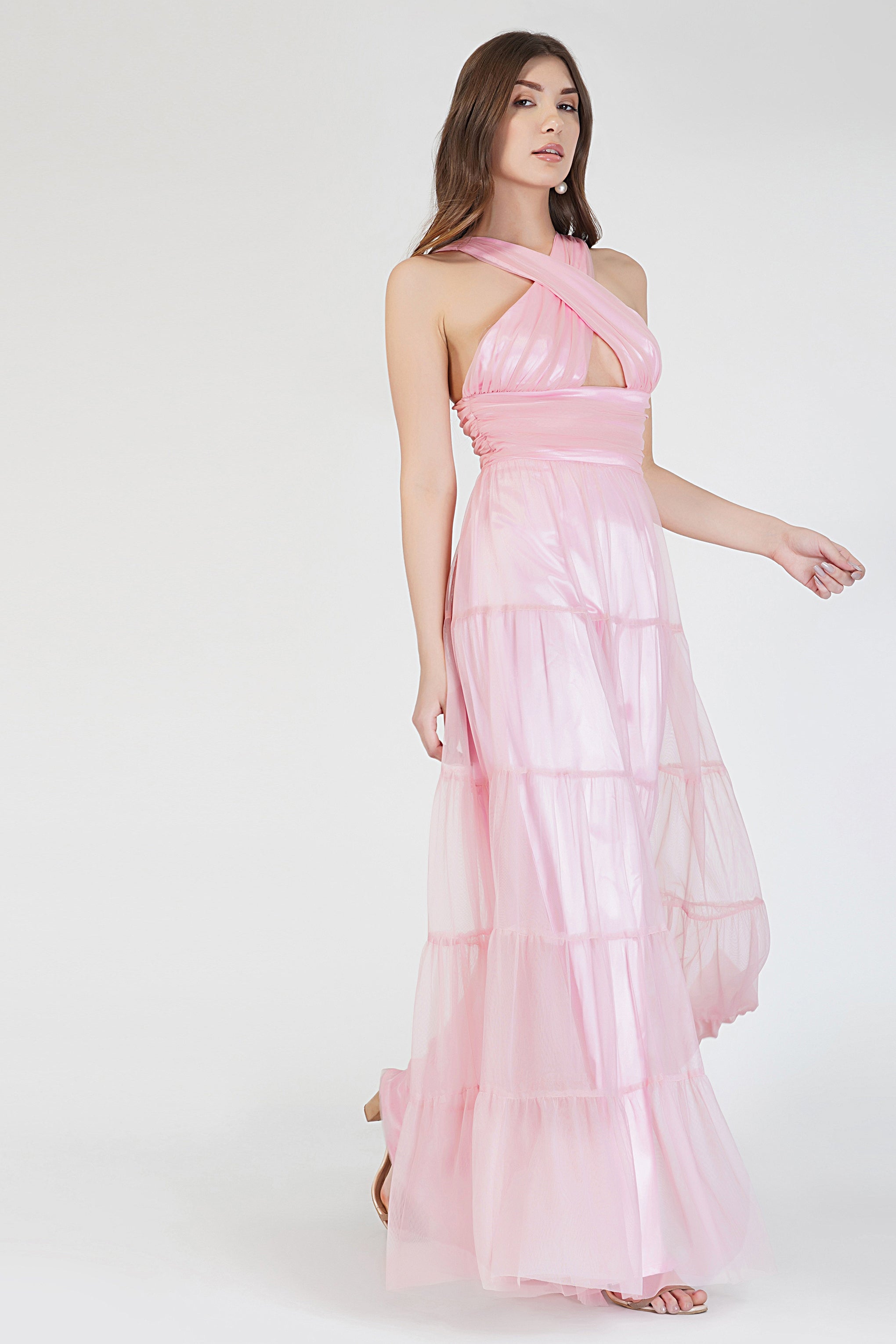 Dreamy Pink Crisscross Front Maxi Dress – Lace & Beads