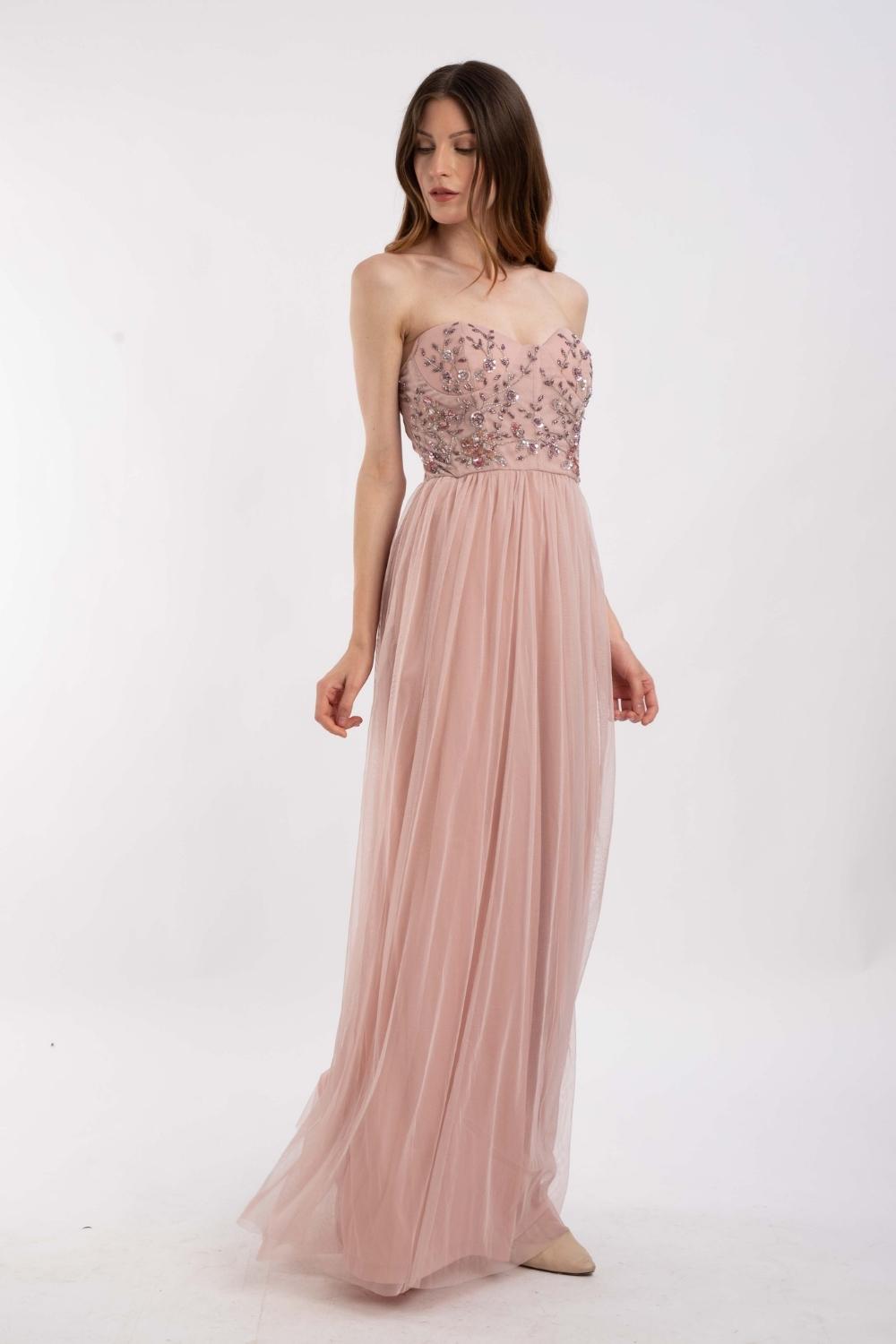 Riva Embellished Corset Maxi Dress in Pink