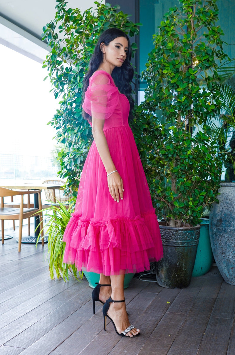 Jayne Bright Pink Tulle Midi Dress – Lace & Beads