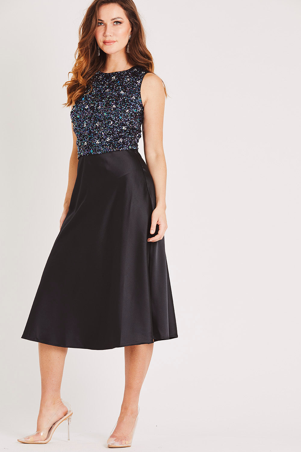 Sophie Black Satin Midi Skirt