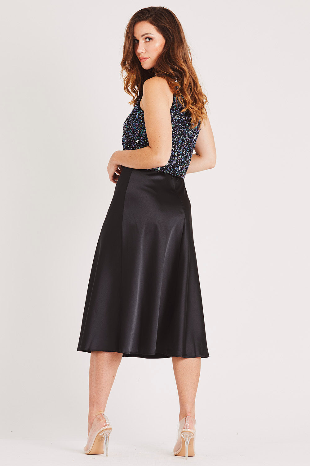 Sophie Black Satin Midi Skirt