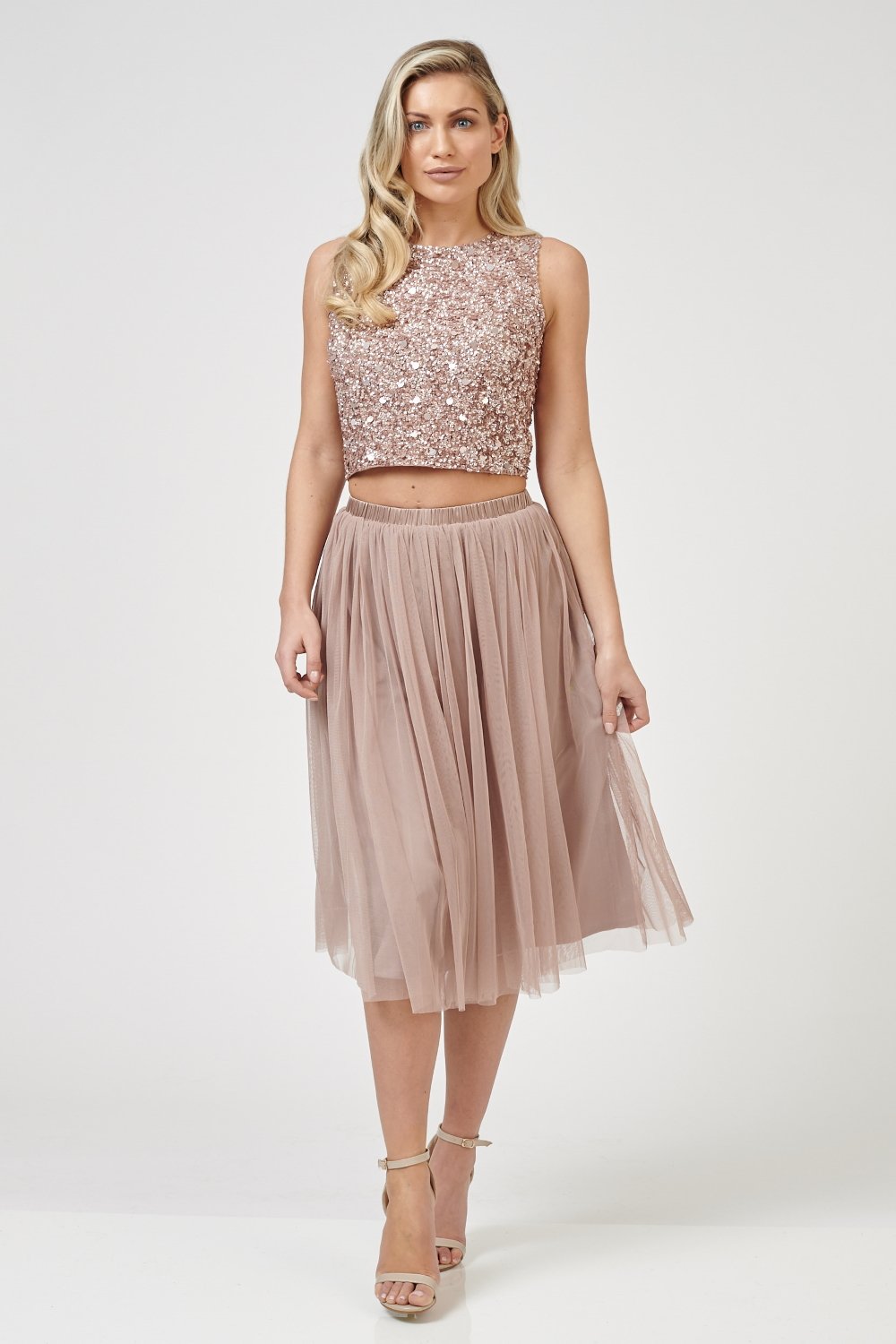 Lace Beads tulle pleated Val midi skirt