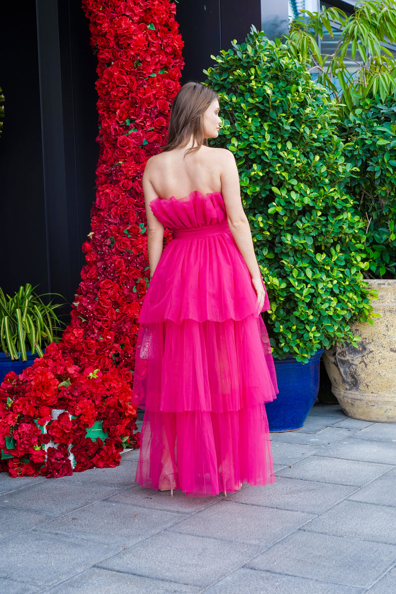 Natalia Tulle Maxi Dress in Bright Pink – Lace & Beads