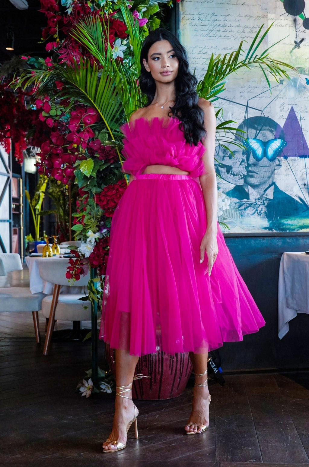 Hot pink 2025 midi tulle skirt