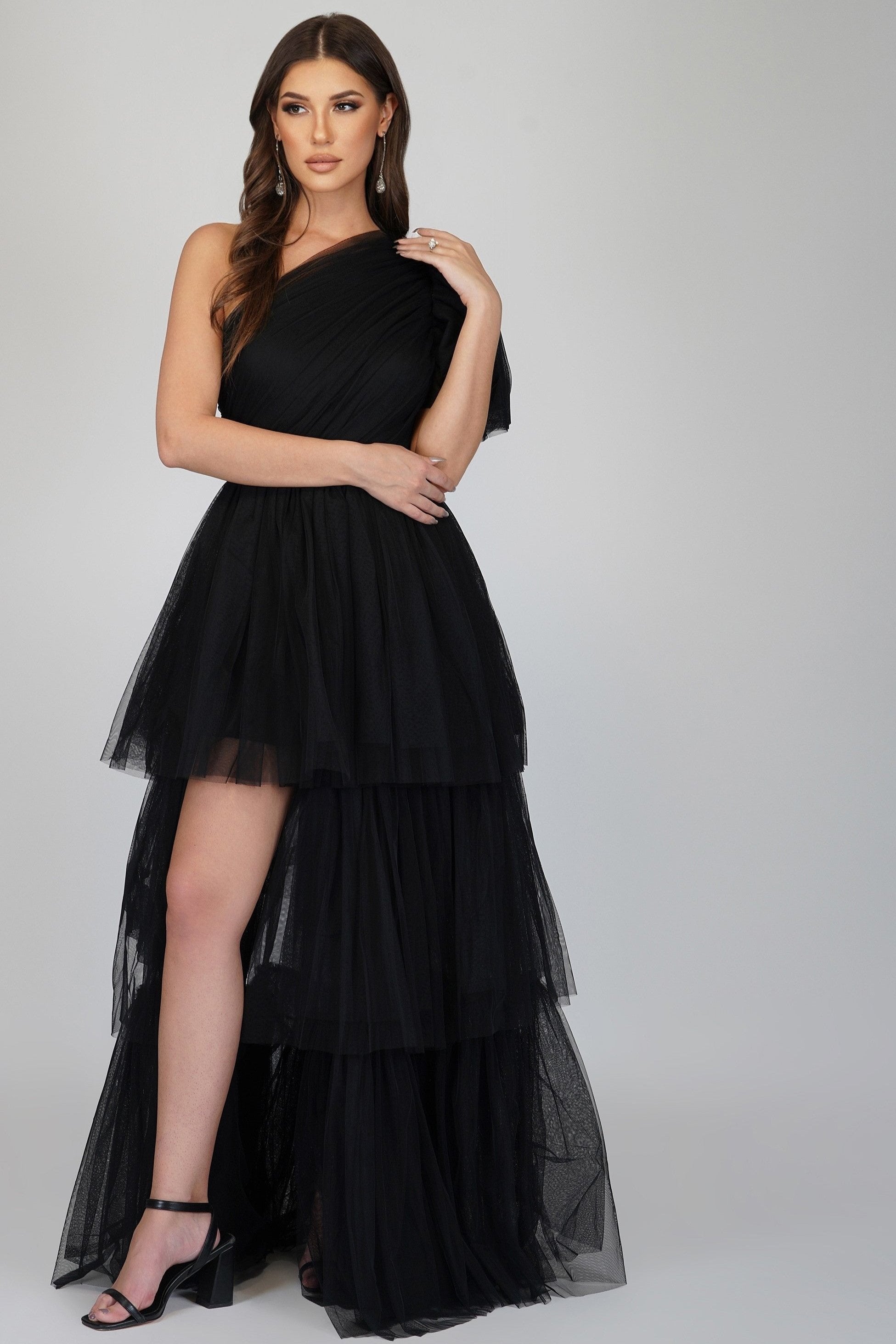 Rowena One Shoulder Tulle Gown in Black