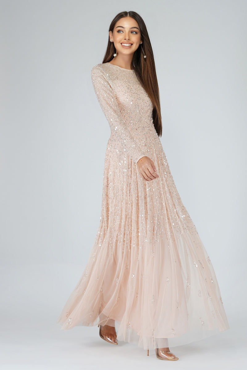 Sila Long Sleeve Embellished Maxi Dress in Blush Pink – Lace & Beads